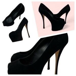 Giuseppe Zanotti Black Suede Peep Toe Platform Pumps Size 38.5 US 8.5 Suede